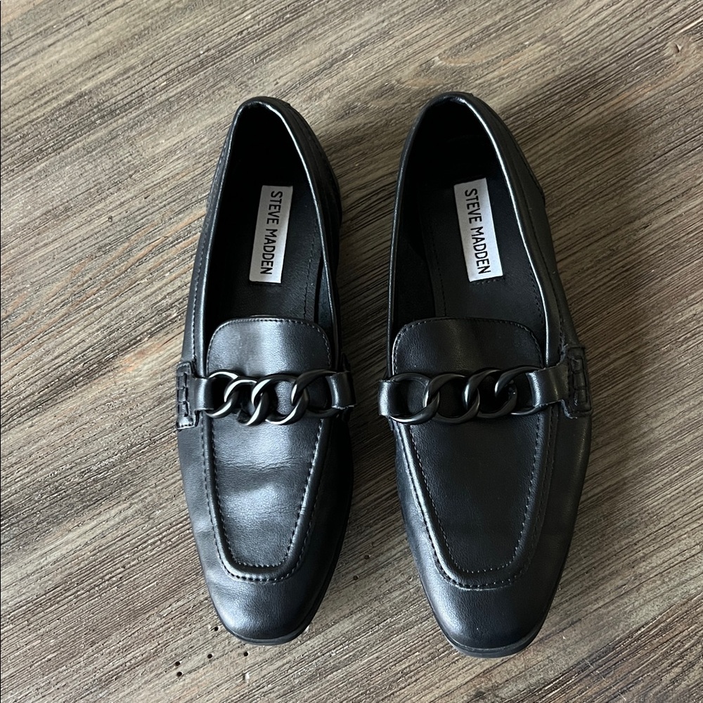 Steve Madden Black Loafers with Chain Accent